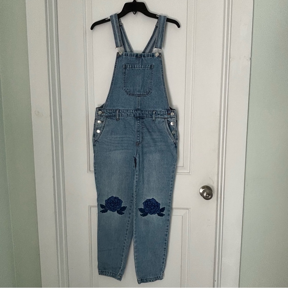 Forever 21 Light Blue Denim Overalls with Blue Roses